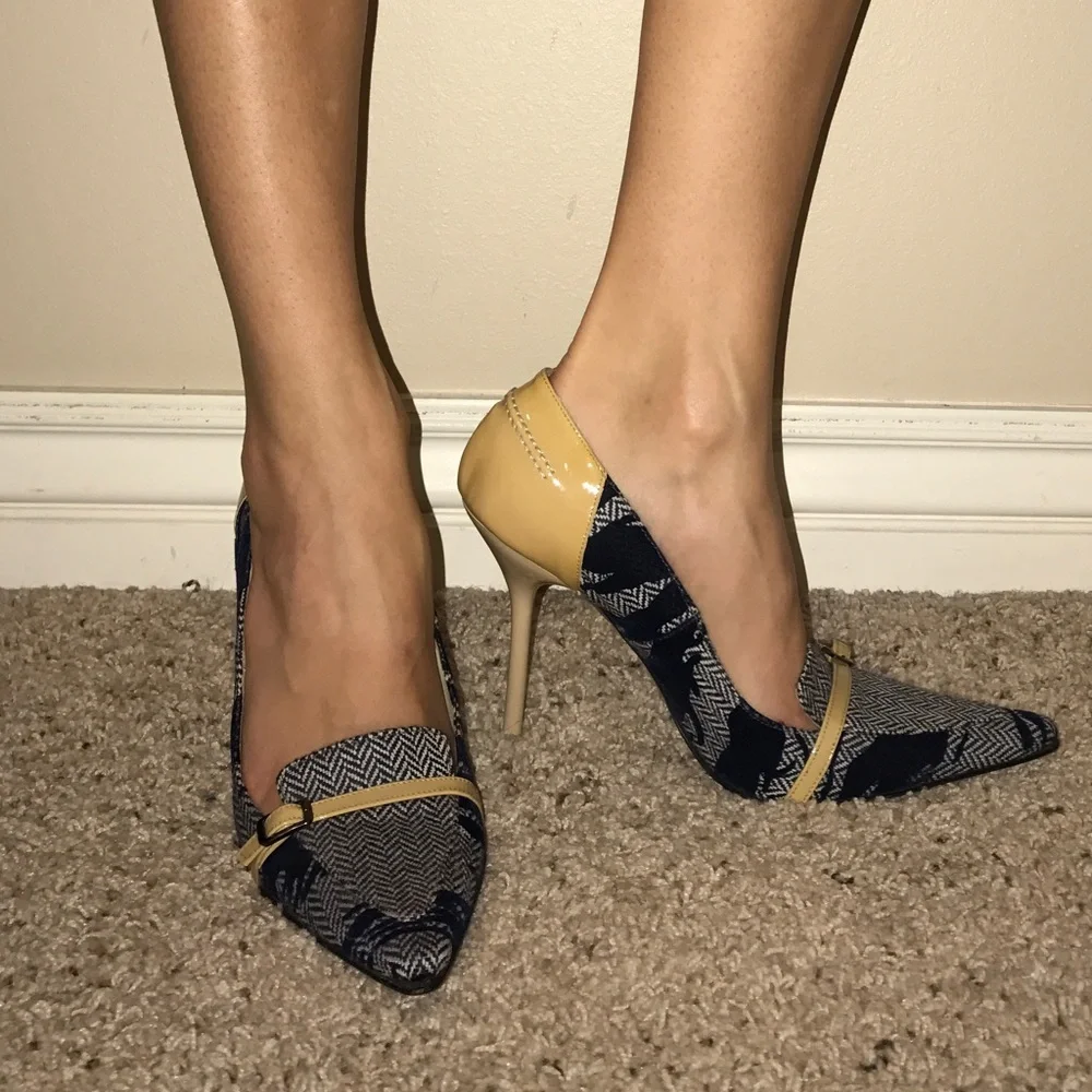 Versus By Versace Navy Chevron Pointed-Toe Heels with Cream Trim
